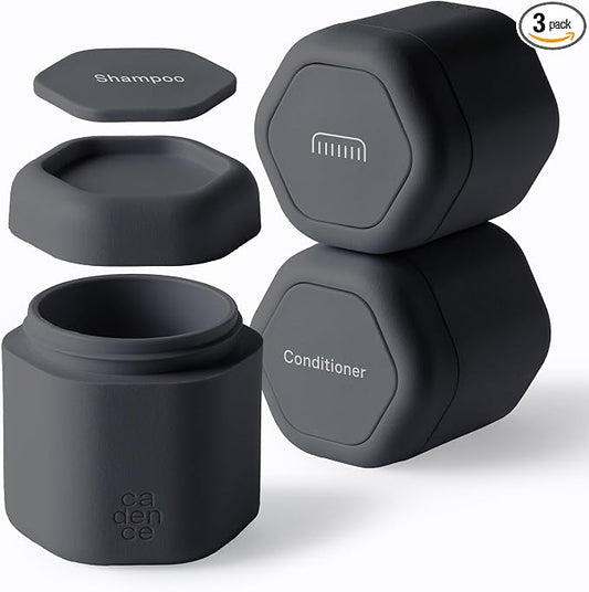 Cadence Travel Containers Haircare Capsule Set - Magnetic Containers with Lids,Carry On Travel Essentials For Women/Men - 3 Flex Mediums (1.32oz) - Shampoo, Conditioner & Comb Icon Labels - Charcoal by KeepYourCadence
