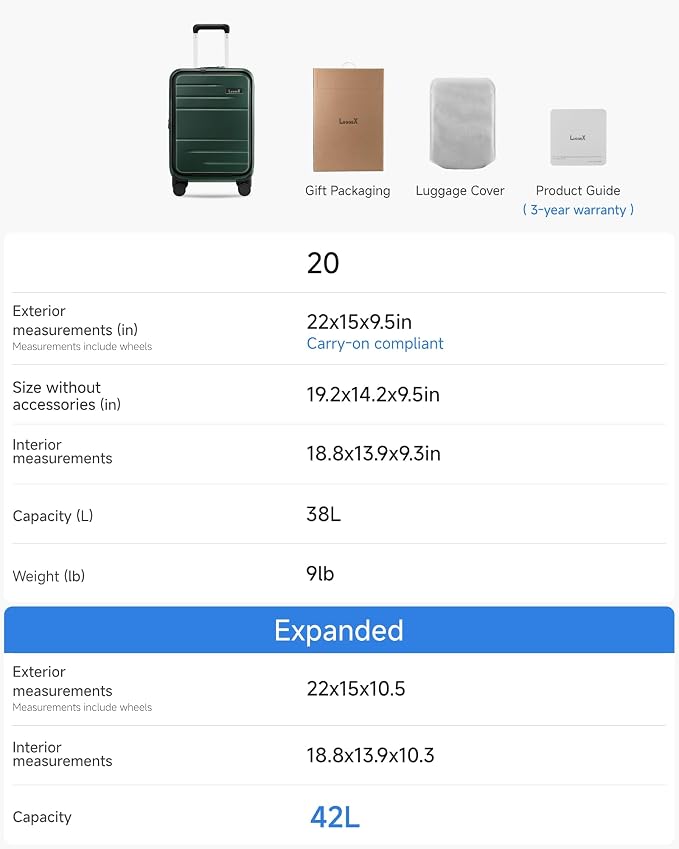 LUGGEX Carry On Luggage 22x14x9 Airline Approved, Expandable Polycarbonate Suitcase with Front Pocket (FX-Core, Green, 20 Inch) - Image 8