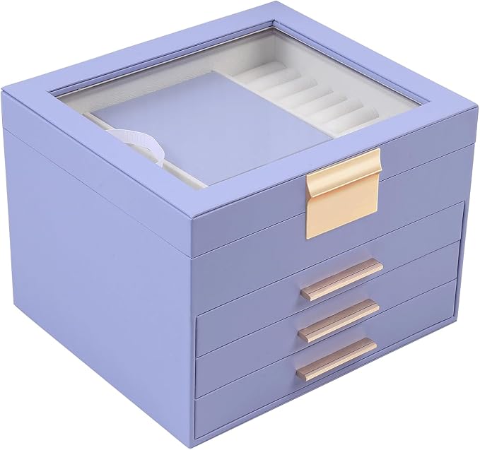 BOOVO Clear Lid Jewelry Box,3 Layers Jewelry Organizer Large Jewelry Storage Box with 2 Drawers,Jewelry Holder Organzier of Rings Earrings Necklace Bracelets for Women (Purple, 4 Layer) by BOOVO
