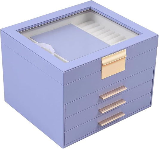 BOOVO Clear Lid Jewelry Box,3 Layers Jewelry Organizer Large Jewelry Storage Box with 2 Drawers,Jewelry Holder Organzier of Rings Earrings Necklace Bracelets for Women (Purple, 4 Layer) by BOOVO