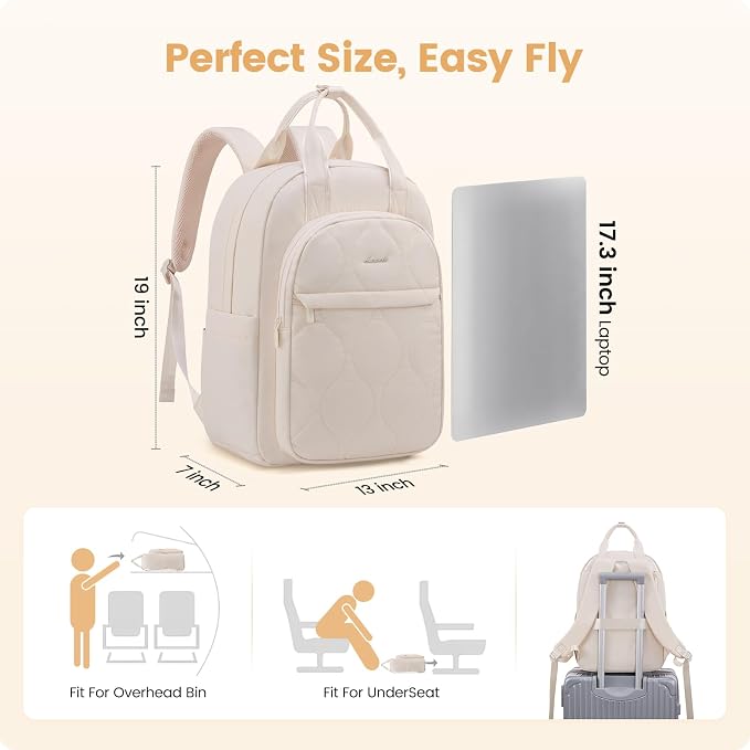 LOVEVOOK Laptop Backpack for Women, College Travel Backpack Puffer Womens Backpack for 17.3 Inch Laptop, Computer Water-Resistant Quilted Casual Daypack, Beige - Image 3