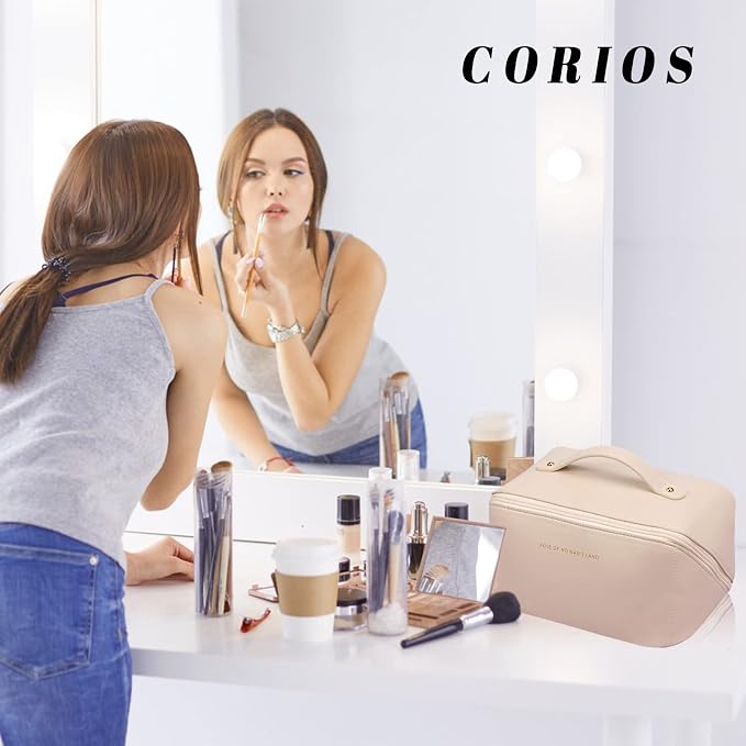 CORIOS Toiletry Bag For Women Portable Make Up Bag Waterproof Wash Bag PU Leather Cosmetic Bag Bathroom Shower Bag Multifunctional Travel Organizer For Shampoo, Cosmetics, Toiletries White - Image 2
