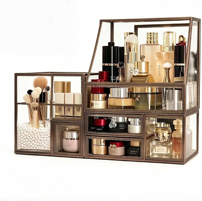 Luxury Glass Makeup Organizer Antique Bronze Metal Frame, Clear Vanity Countertop Storage Case for Cosmetics, Skincare, Perfume, Jewelry, Brush Holder & Drawers for Bathroom, Bedroom, Dressing Table by UniqueHandmadeGlassBeautyDisplayfromHersoo