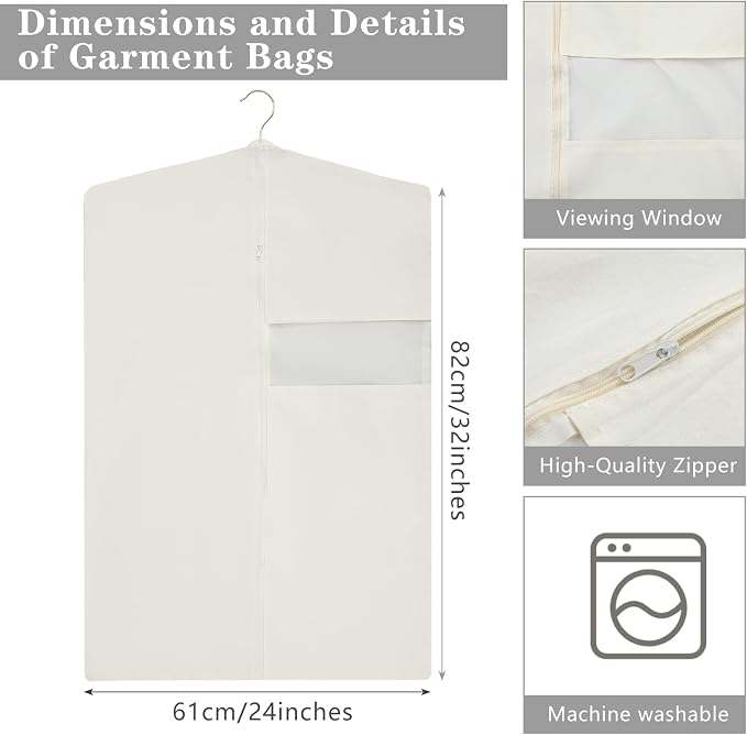 Aliceset 6 Pcs 32 Inches Cotton Garment Bags for Hanging Clothes, Canvas Suit Bags for Clothes Coats Jackets Shirts Closet Storage Travel Gusseted Hanging Garment Cover - Image 2