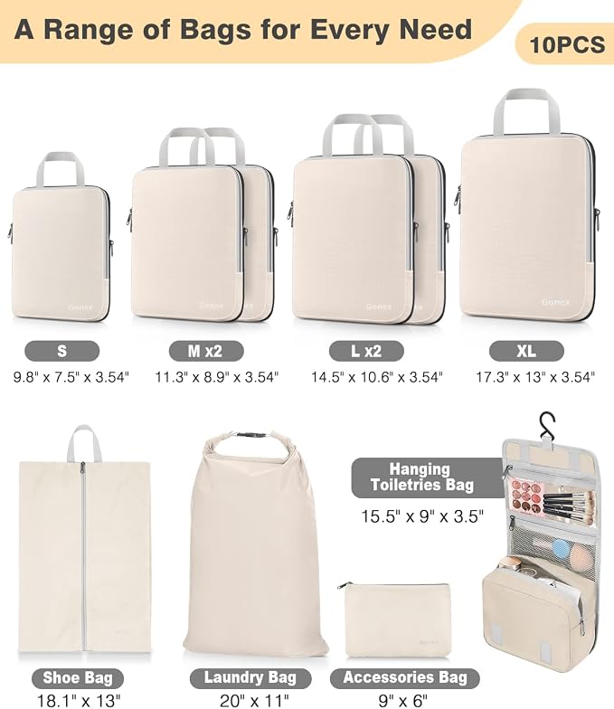 Gonex 10 Set Compression Packing Cubes, Expandable Storage Travel Bags for Suitcase, Luggage Organizers with Hanging Toiletry Bag Laundry Bag Shoe Bag Accessories Bag (Cream) - Image 3