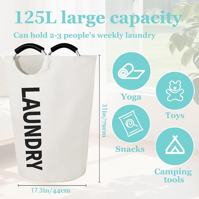 WOOHA 125L Large laundrybasket,Collapsible laundry hamper, Tall Clothes Baskets Folding Washing Bin Foldable Fabric Hamper Bags for Bedroom, Closet,Bathroom,College,laundry bag,beige - Image 3
