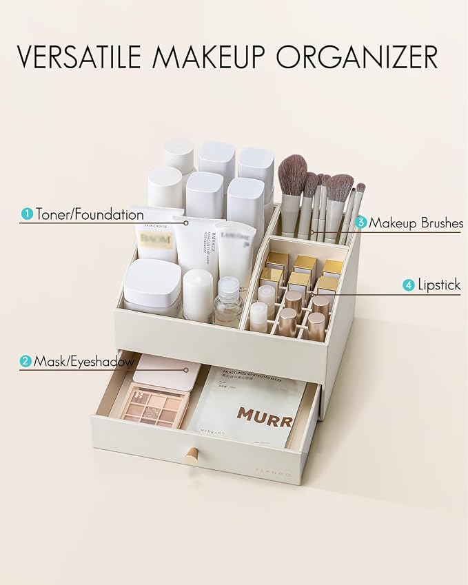 VLANDO Makeup Organizer,Vanity Organizer with Drawers, PU Leather Skincare Organizer Perfume Organizer,Large Cosmetic Display Case for Lipstick,Brushes Gifts for Women-Beige - Image 2
