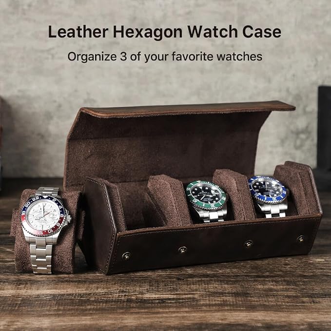Hiram Genuine Leather Hexagon Watch Roll Travel Case, Leather 3-Watches Roll Case with Removable Pillow Cushion for Treasured Watches and Bracelets - Image 5