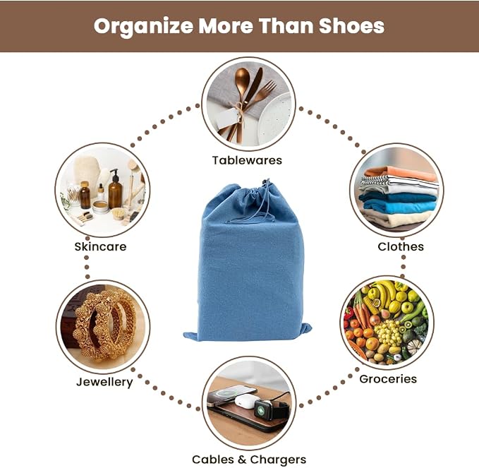 LFH Cotton Rich Shoe Storage Bags with Drawstring, Dustproof Breathable Reusable Organizer, Perfect For Travel, Dorm, Hotel, College, Gym, Easy to Carry, Machine Washable 8"x17" (Pack of 6) - Sky Blue - Image 9