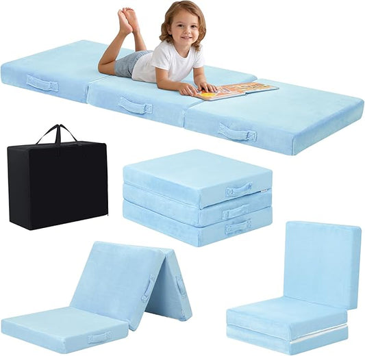 MeMoreCool Foldable Floor Mattress for Kids Trifold, 57x22 Inch Blue | Trifold foam floor mattress for kids room, reading nook and family room by MeMoreCool