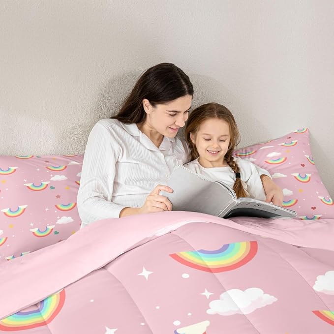 Erosebridal Rainbow Down Comforter Queen Size, Sparkly Galaxy Comforter Set for Kids Girls Boys Children Teens Women, Starry Sky Cloud Quilted Duvet Iridescent Stripes Bedding Set All-Season, Pink - Image 5