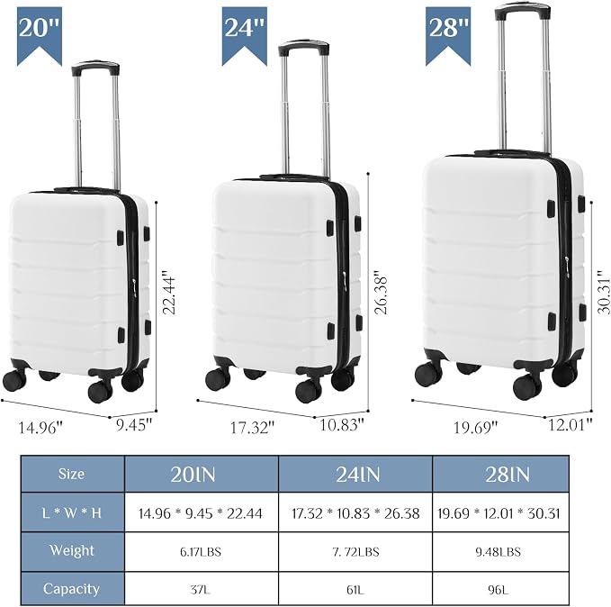 OLIXIS 3-Piece Luggage Set, Carry On Suitcases with Spinner Wheels, Expandable Travel Luggage with TSA Approved Lock & ABS Hard Shell, White, 20/24/28 Inch - Image 9
