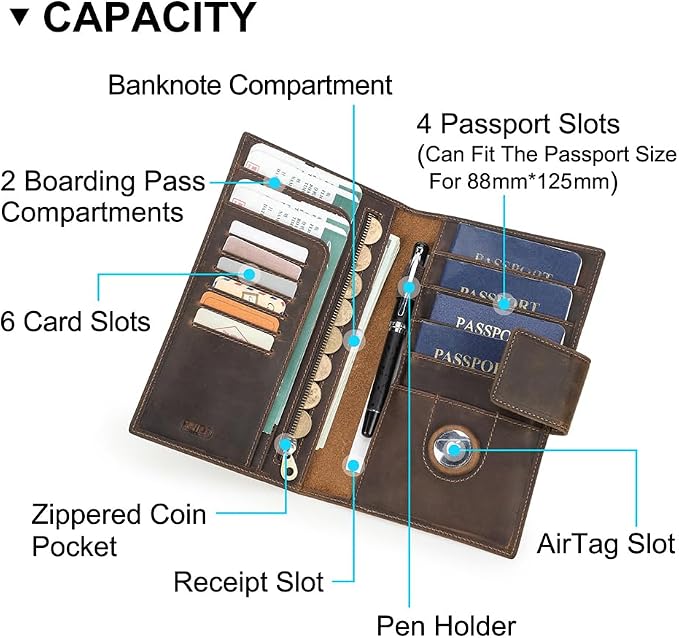 CONTACTS RFID Blocking Family Passport Holder for 4 Full Grain Leather Passport Wallet Compatible with Airtag Travel Passport Cover with 4 Passport Slot, 6 Card Slot (Brown) - Image 3