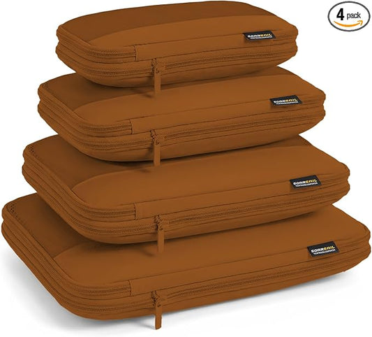 4 Piece Compression Packing Cubes for 3–7 Day Travel, Space Saving Travel Organizers with Breathable Mesh, Double-Zipper Packing Cubes for Carry-On & Suitcases (Brown) by SOARSAIL