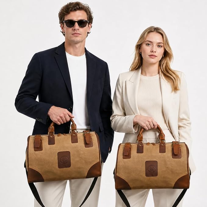 Canvas + Leather Travel Luggage Tote Duffle Gym Suitcase Weekender Overnight Bag For Men Male FB8151 (8151-Khaki-Shoulder Strap) - Image 2