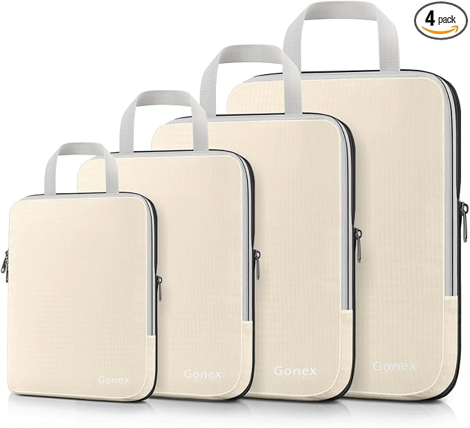 Gonex Compression Packing Cubes, 4pcs Expandable Storage Travel Luggage Bags Organizers (Cream) by Gonex