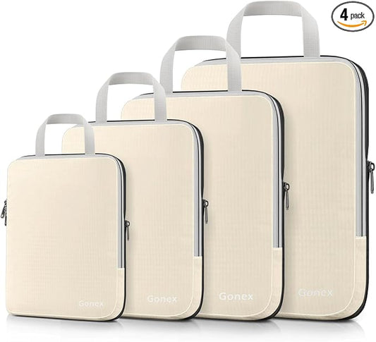 Gonex Compression Packing Cubes, 4pcs Expandable Storage Travel Luggage Bags Organizers (Cream) by Gonex
