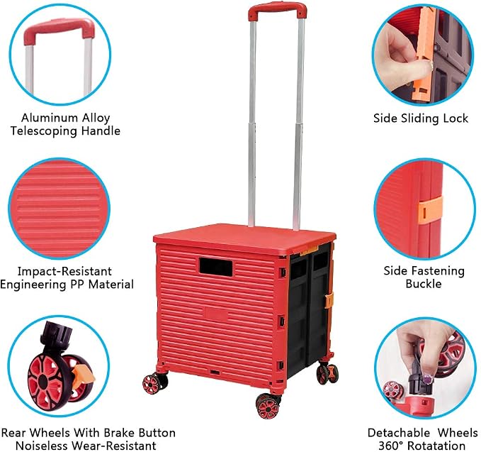 Quick Utility Cart Four -Rotate Wheeled Collapsible Handcart with Durable Heavy Duty Plastic Telescoping Handle for Travel Shopping Moving Luggage Office Use - Image 7