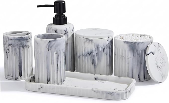 INIUNIK Bathroom Accessory Set, 6 Pieces, Marble White | Resin, Bathroom Accessories Set, with Soap Dispenser Set, Toothbrush Holders, Tumbler, Vanity Tray & 2 Qtip Holder by INIUNIK