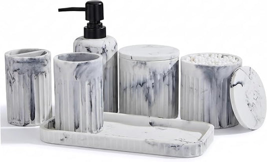 INIUNIK Bathroom Accessory Set, 6 Pieces, Marble White | Resin, Bathroom Accessories Set, with Soap Dispenser Set, Toothbrush Holders, Tumbler, Vanity Tray & 2 Qtip Holder by INIUNIK