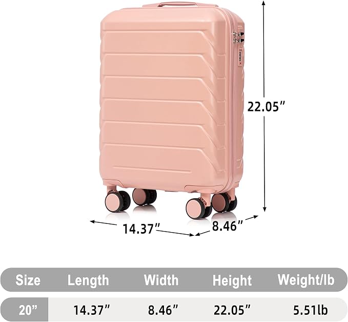 GDFStudio 20" ABS Hardshell Checked Luggage, Medium Capacity Travel Suitcase with Scratch Resistant Surface, 360° Silent Spinner Wheels, Combination Lock, Telescopic Handle and Side Hooks, Pink - Image 2