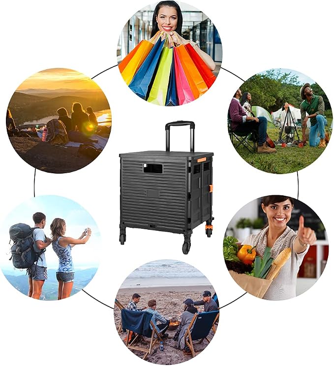 FELICON SELORSS Foldable Utility Cart Folding Portable Rolling Crate-Black | Heavy Duty,Telescoping Handle,4 Rotate Wheels,Collapsible Handcart for Travel Shop Move Luggage Laundry Teacher Office Use - Image 6