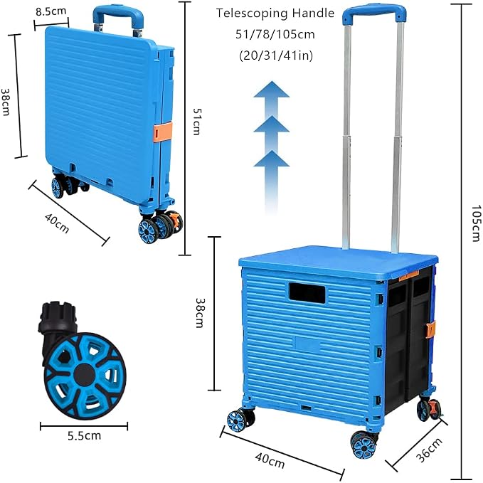 FELICON SELORSS Foldable Utility Cart Portable Rolling Crate-Light Blue | Durable,Heavy Duty,Plastic Box,Telescoping Handle,4 Rotate Wheels,Collapsible Handcart for Travel Shop Move Luggage Office - Image 7