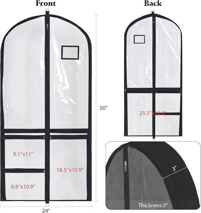 Univivi Clear PVC Dance Costume Bag, 50 Inch Garment Bag for Competitions With 3 Separated Medium Zipper Pockets and 1 Large Back Zippered Pocket (Clear/Black) - Image 2