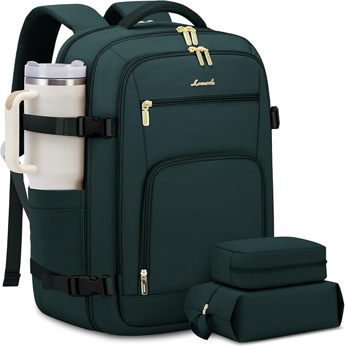 LOVEVOOK Carry On Travel Backpack For Women Men Flight Approved, 40L Personal Item Backpack for Airplanes, Business Weekender Overnight Daypack Fits 17 Inch Laptop, With 2 Packing Cubes, Dark Green by LOVEVOOK