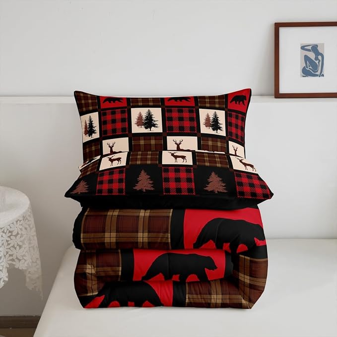 Rustic Deer Pattern Comforter Set Full,Elk Moose Bear Bedding Set for Farmhouse Decor,Buffalo Plaid Grid Down Comforter,Rustic Red Country Style Woodland Patchwork Quilted Comforter,2 Pillowcases - Image 6