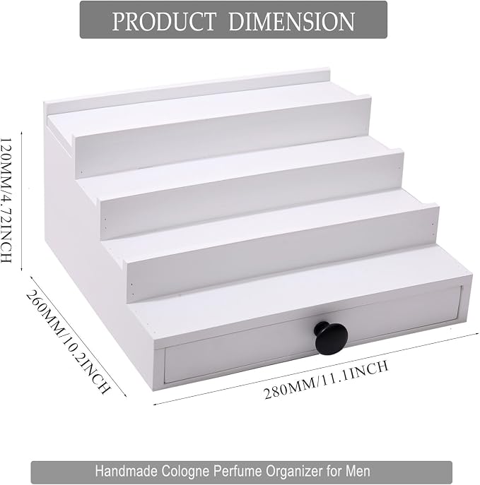 4 Tier White Cologne Organizer, Wooden Display Stand with Drawer Storage | Cologne Shelf and Rack, Perfume Tray, Hidden Storage, Clean Dresser Display, Birthday Christmas Gift for Men - Image 5