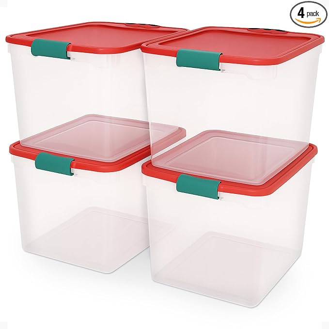 HOMZ 4-Pack Holiday Tote, Plastic Storage Organizer Bins with Lids, 31 Quart, Clear/Red - Stackable Organizing Containers for Home, Garage, and Office by Homz