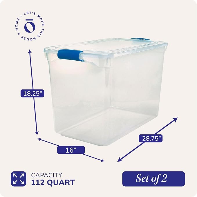 HOMZ 2-Pack Latching Lid, Clear Plastic Storage Organizer Bins, 112 Quart, Blue Latch - Stackable Organizing Containers for Home, Garage, and Office - Image 4