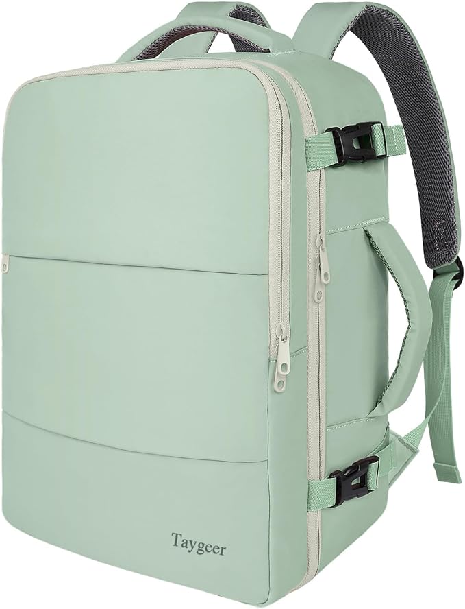 Taygeer Carry On Backpack, 40l Travel Backpack for Women Airline Approved | Cute 17.3" Personal Item Travel Bag with Shoe Pouch, Casual Daypack Gifts for Friend Hiking Weekend, Green Beige by Taygeer