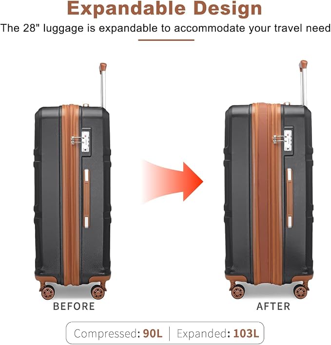 Kono 28 Inch Luggage Expandable Suitcase with Spinner Wheels TSA Lock | Lightweight PC+ABS Hardside Large Checked Luggage Durable Rolling Suitcase Apricot Black - Image 3