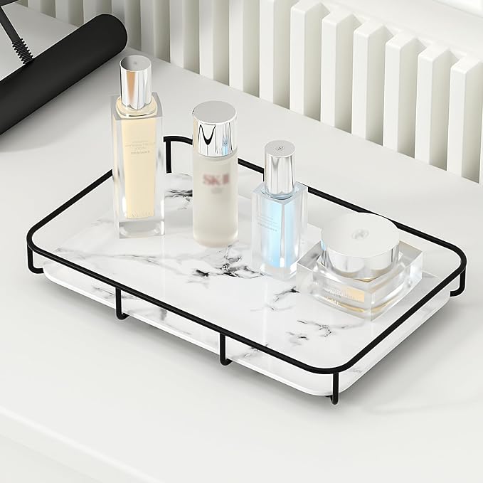 Dobbyby Vanity Tray Makeup Organizer Cosmetics Storage Bathroom Skincare Organizer Countertop Display Rack in Dresser Stainless Steel Shelf Marble Print Ceramic Trays by Dobbyby