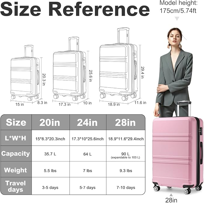 Kono 28 Inch Luggage Expandable Suitcase with Spinner Wheels TSA Lock | Lightweight PC+ABS Hardside Large Checked Luggage Durable Rolling Suitcase Pink - Image 6