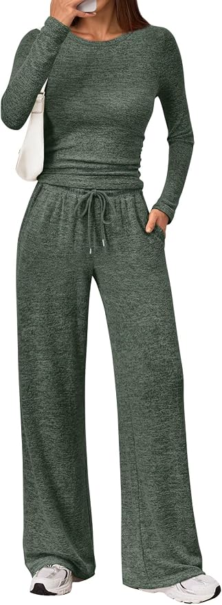 LILLUSORY Womens 2 Piece Matching Lounge Sets 2026 Fall Fashion Outfits | Long Sleeve Top & Drawstring Wide Leg Pants with Pockets, Workout Gym Comfort Sweat Suit, Travel Airport Vacation Clothing by Lillusory
