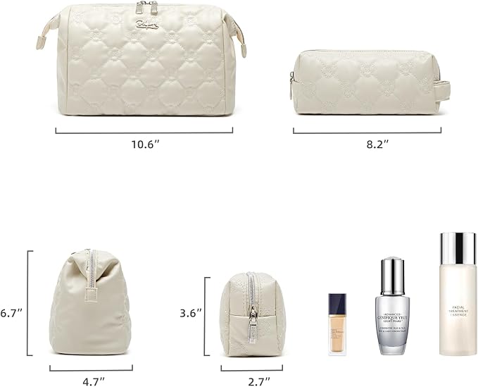 BOYATU Travel Makeup Bag Cosmetic Pouch: 2 Pcs Set Waterproof Vegan Leather Cosmetic Bags for Women - Cute Quilted Skincare Make up Toiletry Bag for Girl (05-White) - Image 6