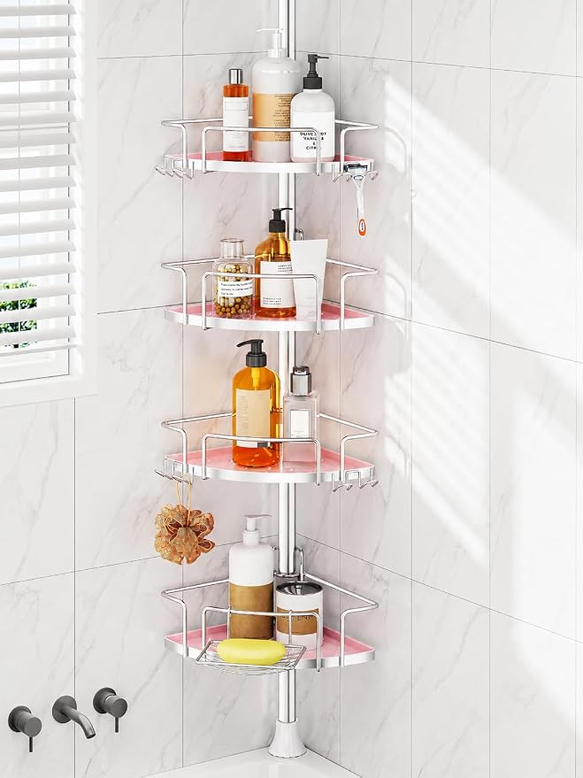 ALLZONE Corner Shower Caddy Tension Pole, 4 Hang-On Basket with Mixed-Height Shelves for Various Bottle Sizes, Extra Hooks & Soap Holder, Rustproof Stainless Steel, Fits 34–116 Inch, Silver/Pink by ALLZONE