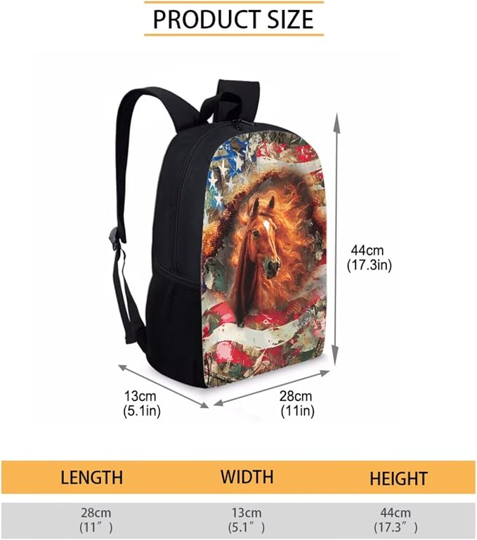 American Flag Horse Print Lightweight Backpack Set with Shoulder Lunch Bag Independence Day, Pen Bag, Camo Forest Print School Students Daypack, Middle School Students Knapsack Set for Kids - Image 2