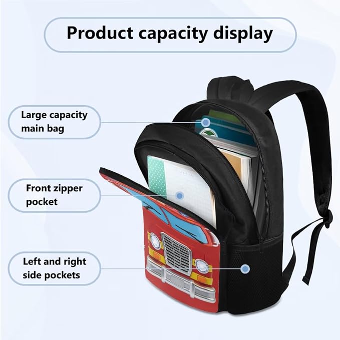 Kids 4 Piece Fire Truck Backpack Set of Thermal Lunch Box Pencil Box Water Bottle Holder, Lightweight School Book Bag, Kids Boys Daypack Everyday Pack for School - Image 2