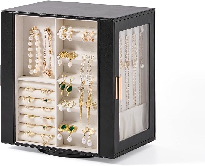 CASEGRACE 360° Rotating Jewelry Box Organizer, Jewelry Storage with 5 Drawers, Clear Window, Jewelry Display Case for Bracelets, Necklaces, Earrings, Rings, Black by Casegrace