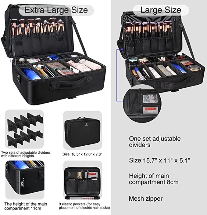 Relavel Extra Large Makeup Case, Professional Makeup Artist Bag Double Layer Compartment Cosmetic Travel Organizer Bag Makeup Brush Storage Holder with Adjustable Dividers and Shoulder Strap, Black - Image 7