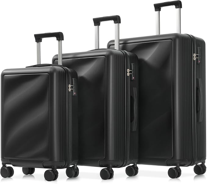 Hardshell Luggage Sets, Lightweight Stripes Suitcases with Spinner Wheels, Black1 by Merax