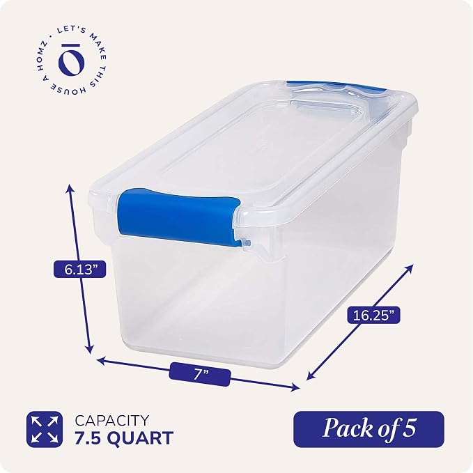 HOMZ 5-Pack Latching Lid, Clear Plastic Storage Organizer Bins, 7.5 Quart, Blue Latch - Stackable Organizing Containers for Home, Garage, and Office - Image 4