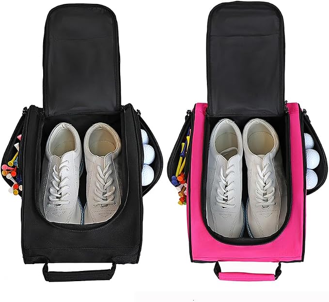 Goloni 2Pcs Golf Shoe Bag for Men & Women, Padded Travel Shoe Bag with Side Accessory Pockets,Sport Shoe Carrier for Golf Shoes,Socks,Tees & Balls,Durable & Lightweight Design (Black+Pink) by GoloniYourStyleYourRule