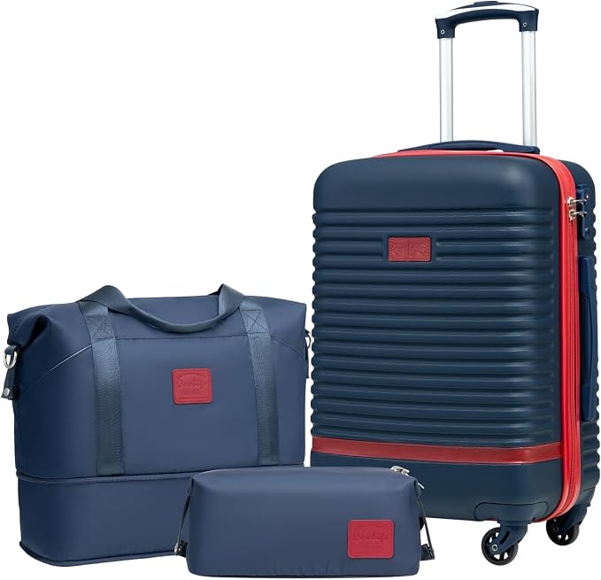Coolife 3 piece luggage Carry On Suitcase TSA Lock,Navy Red(DB/TB/20) | 360° Spinner Wheels;Convenient Trolley Sleeve;Water-Resistant Fabric;Fully-Lined Zipper Interior;Lightweight ABS by COOLIFE