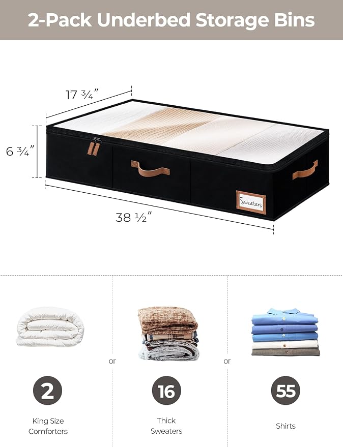 StorageWorks Extra Large Under Bed Storage Containers with Handles and Label Holder, 2 Pack Ultra-thick Fabric Underbed Bins, Closet Organizer for Clothes, Blankets, Sweater - Image 2