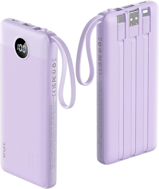 VRURC Portable Charger Power Bank, 10000mAh Travel Essentials Battery Pack, 5 Outputs 2 Inputs Slim Charging Bank Built-in Cables Cords for iPhone 17 16 15 14 13,Samsung,Android-Lavender(1 Pack)